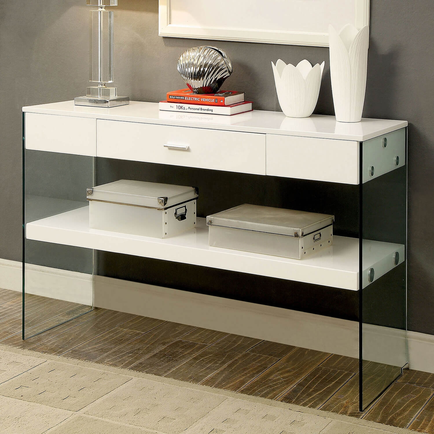 Raya Glass/Wood Storage Sofa Table
