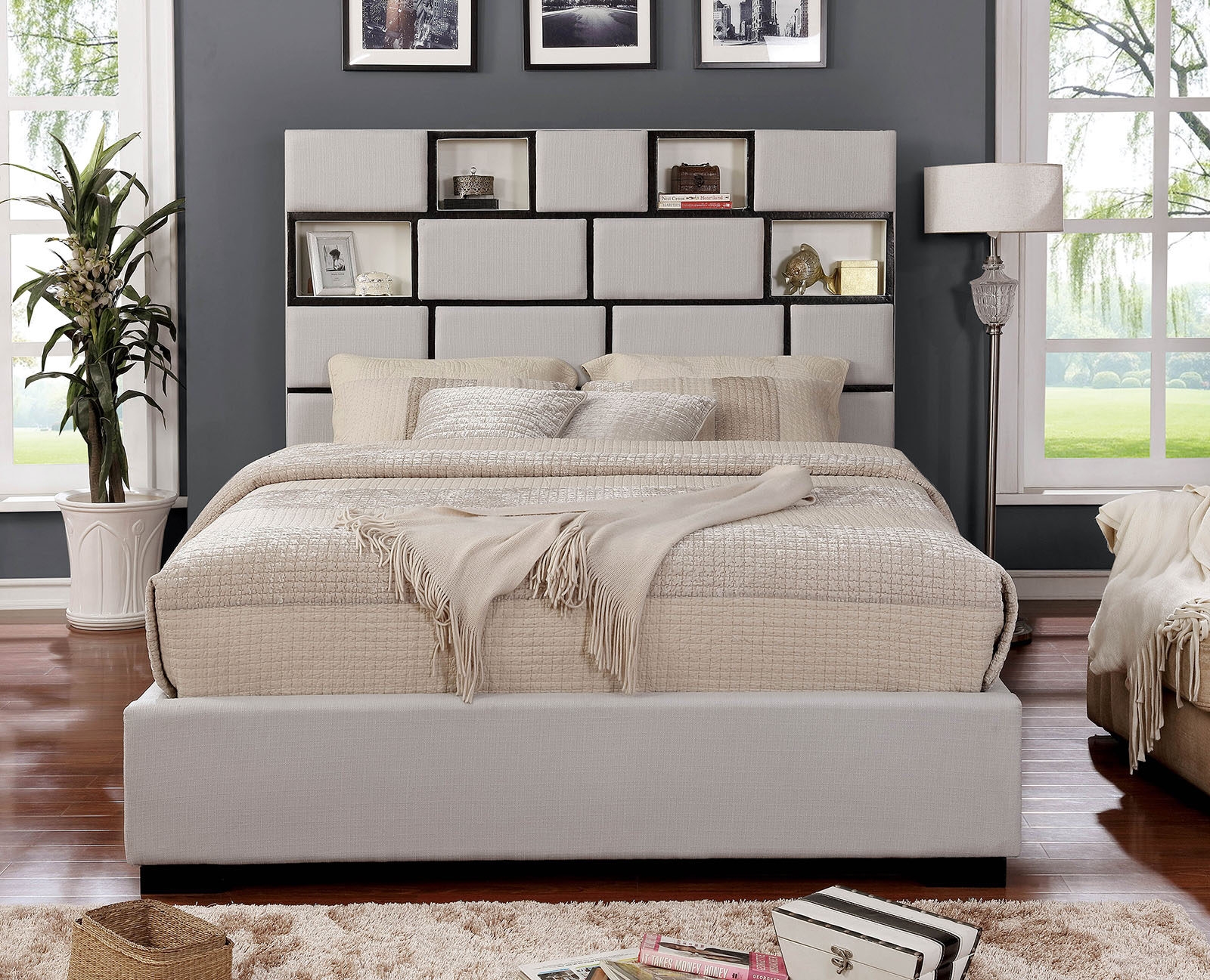 Gemma Fabric/Wood Platform Bed w/LED Lights & USB, Eastern King Size