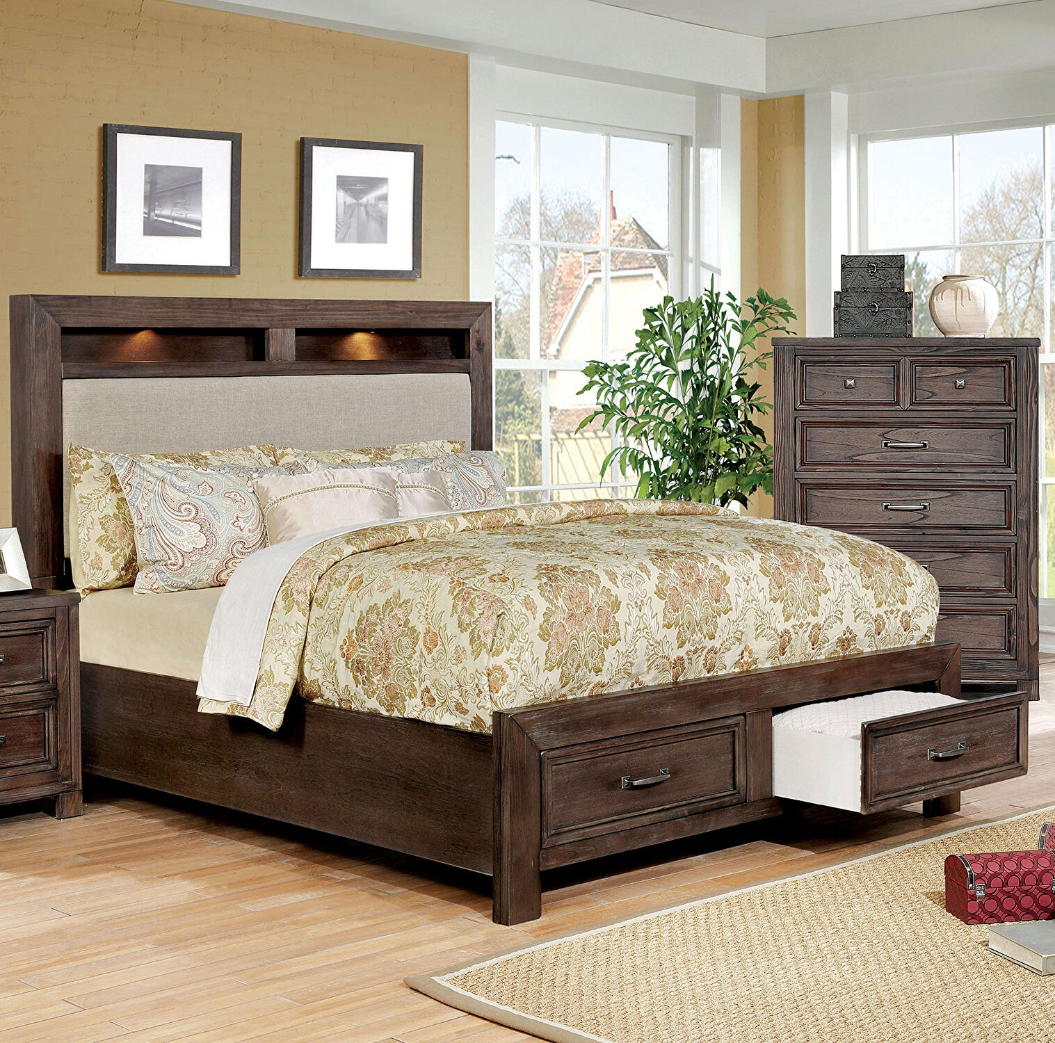 Tywyn Fabric/Wood Panel Storage Bed w/LED Lights