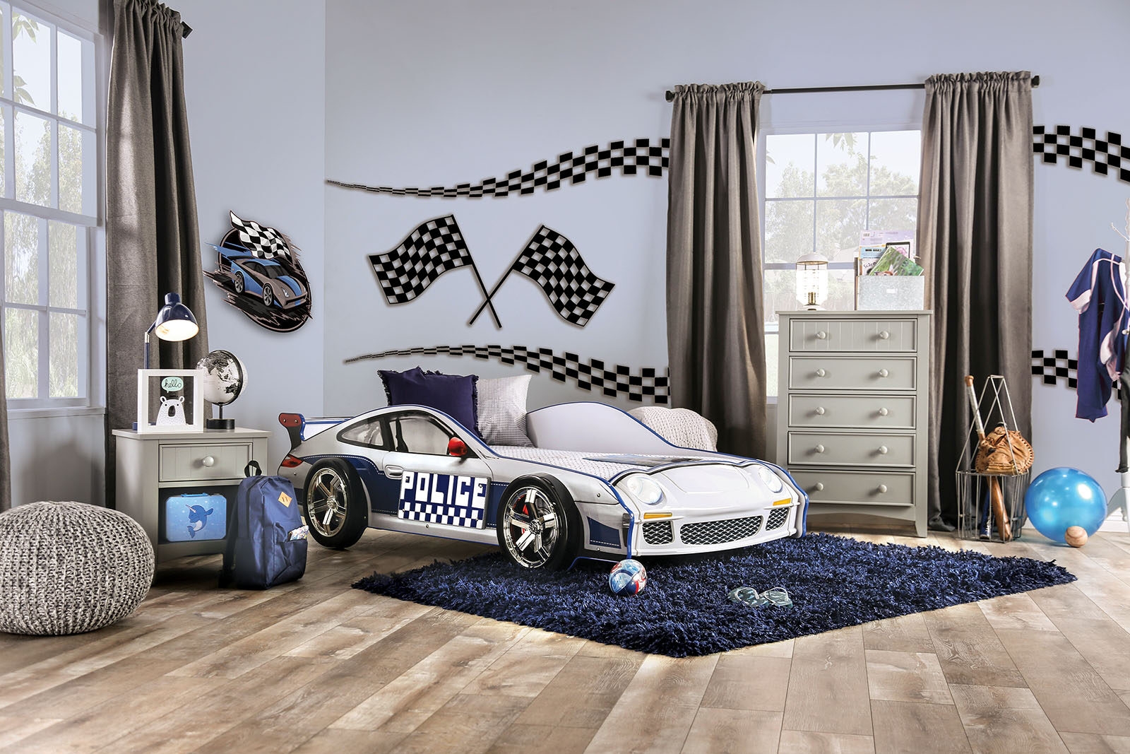 Poe MDF/Particle Board Youth Car Bed w/LED Lighting, Twin Size