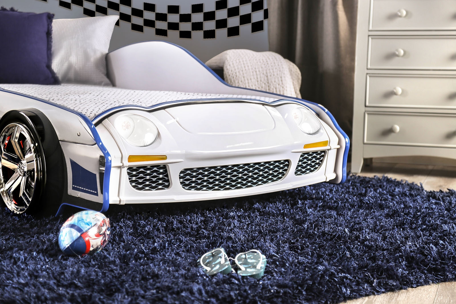 Poe MDF/Particle Board Youth Car Bed w/LED Lighting, Twin Size