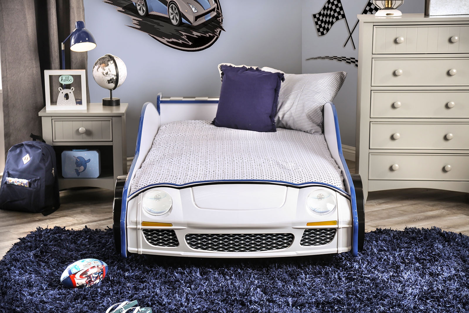 Poe MDF/Particle Board Youth Car Bed w/LED Lighting, Twin Size