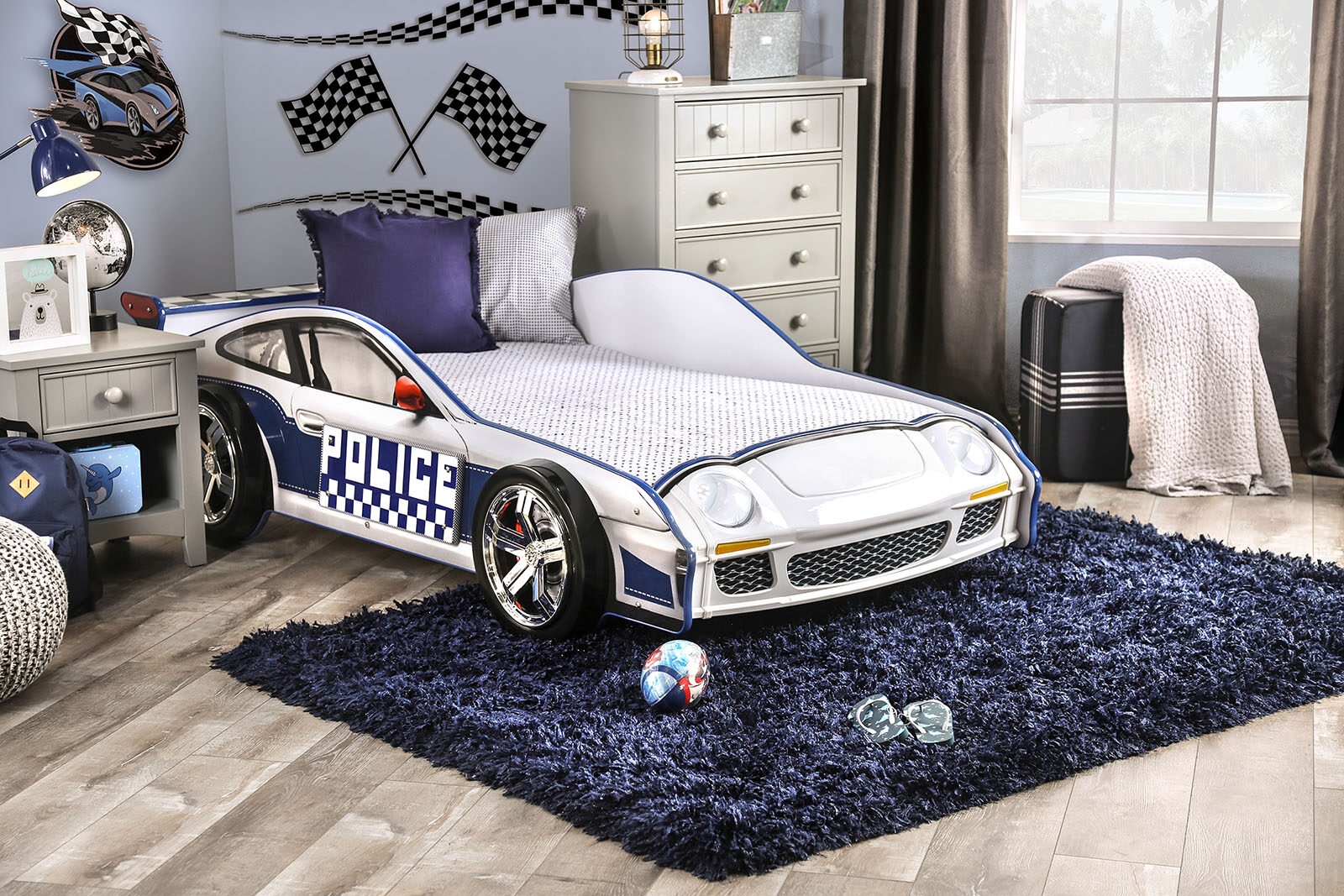Poe MDF/Particle Board Youth Car Bed w/LED Lighting, Twin Size