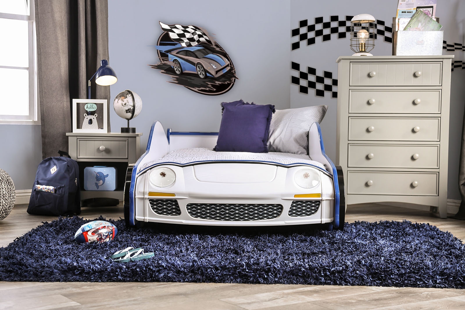 Poe MDF/Particle Board Youth Car Bed w/LED Lighting, Twin Size