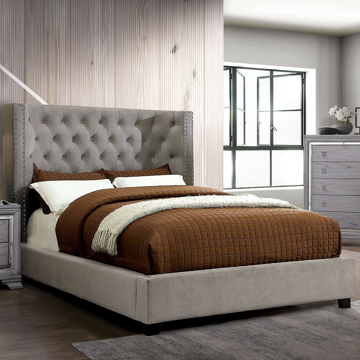 Cayla Fabric/Wood Tufted Platform Bed, Eastern King Size