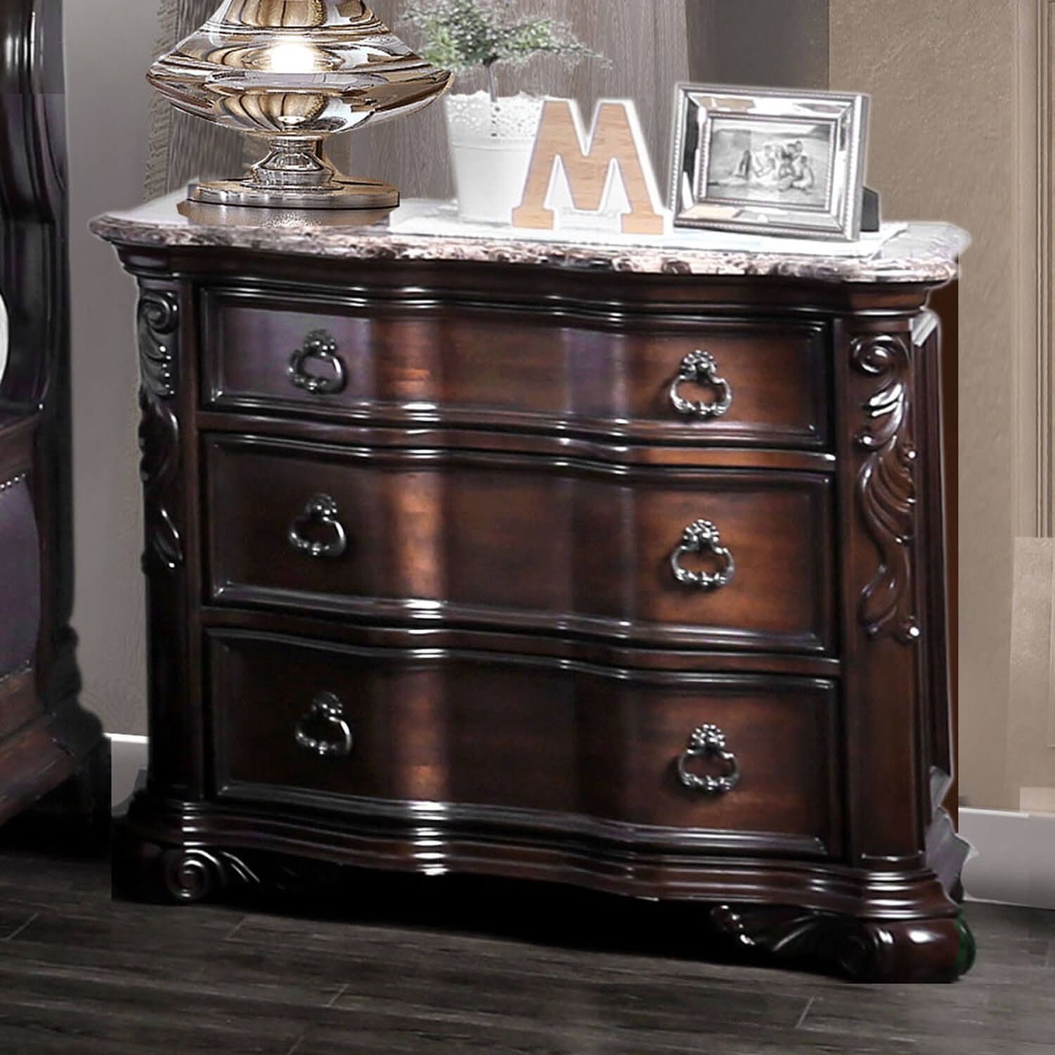 Arcturus Marble/Wood Nightstand w/3 Drawers