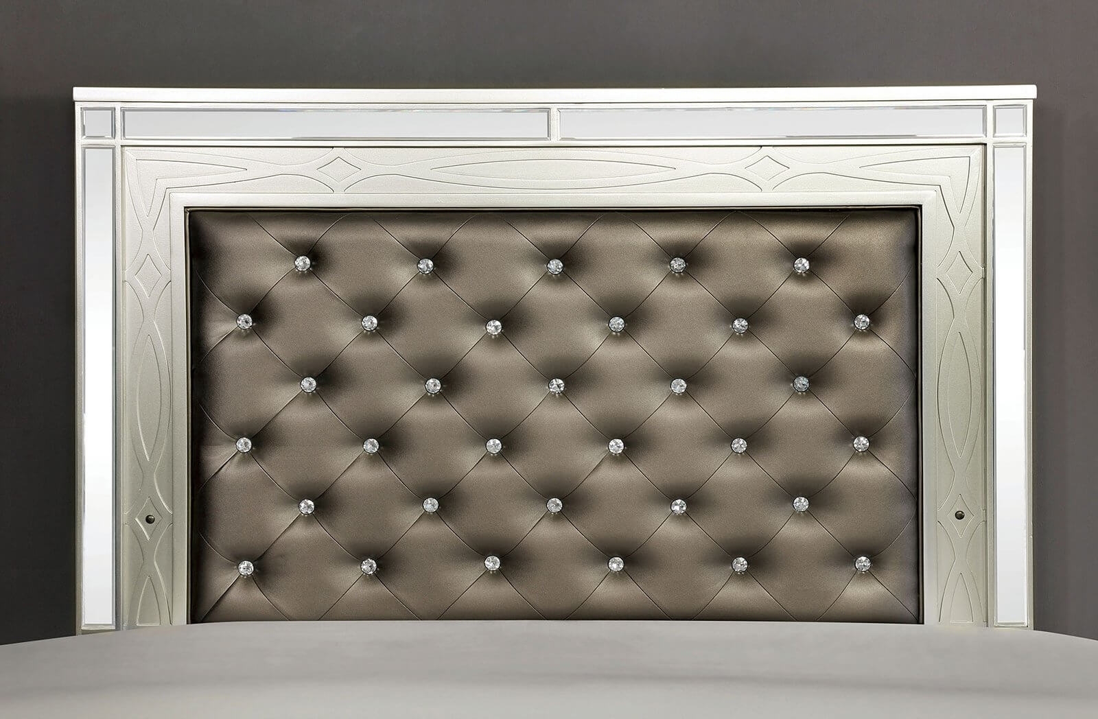 Manar Leatherette/Mirror/Wood Panel Tufted Bed w/LED Light, Eastern King Size
