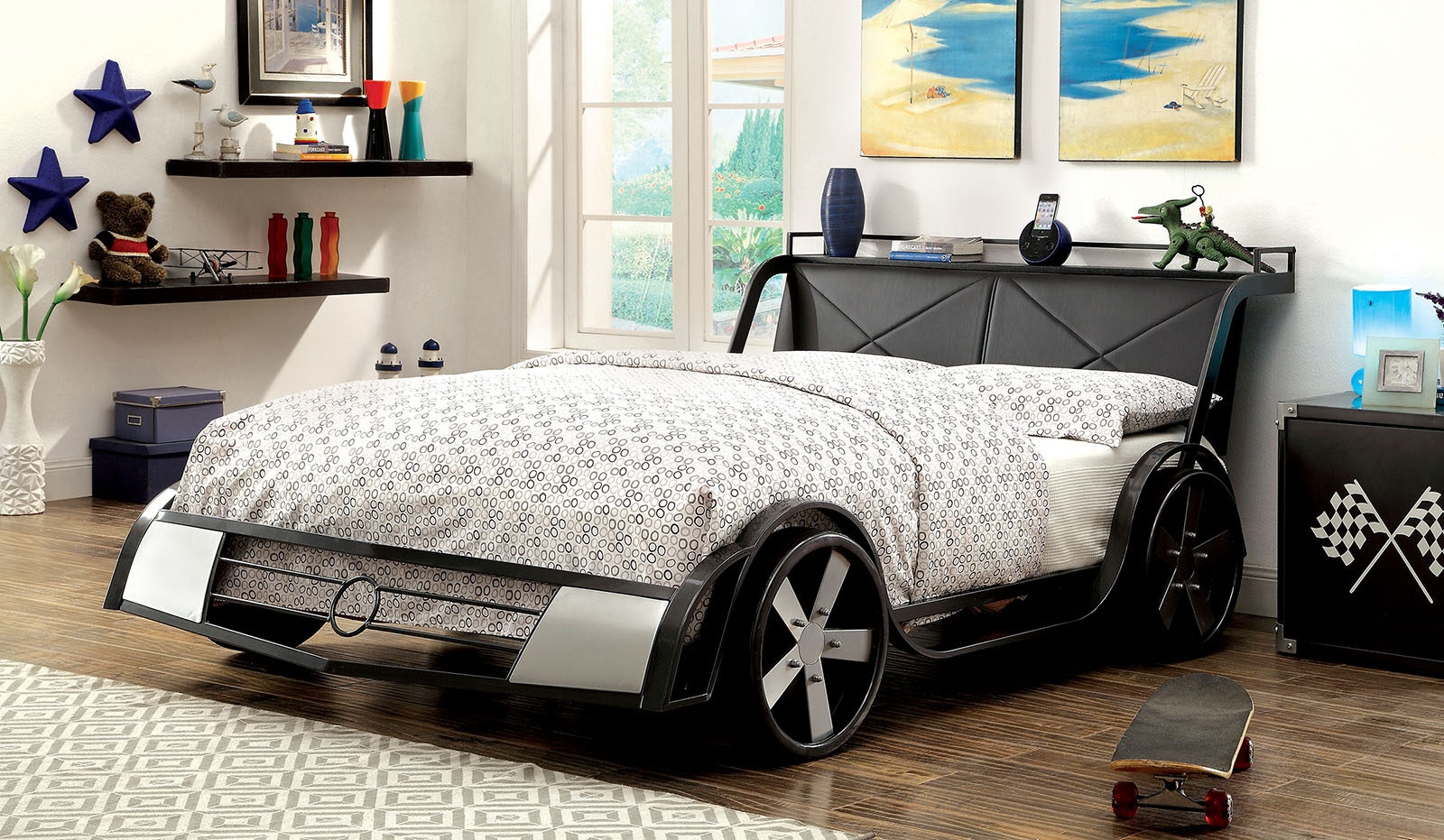 GT Racer Leatherette/Metal Youth Car Bed