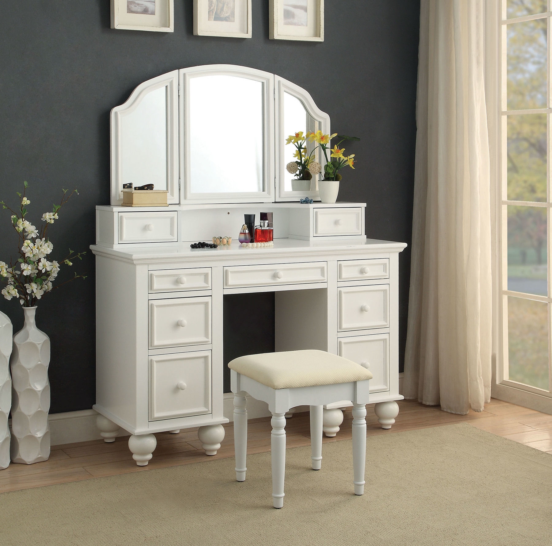 Athy Wood Storage Vanity Dresser w/9 Drawers, Mirror & Stool