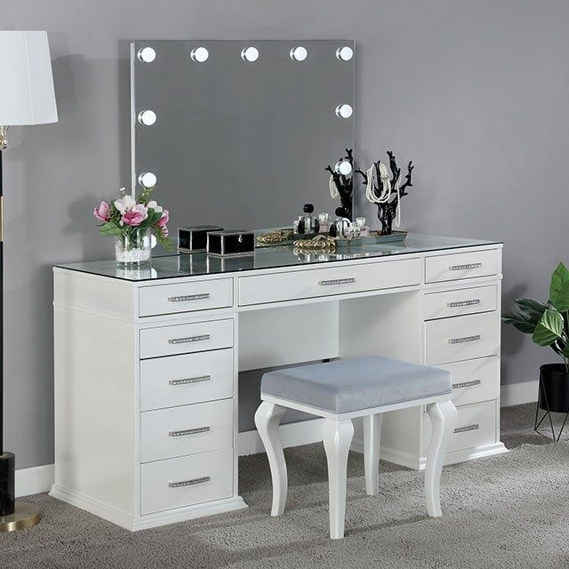 Valentina Glass/Wood Storage Vanity Dresser w/11 Drawers & Stool