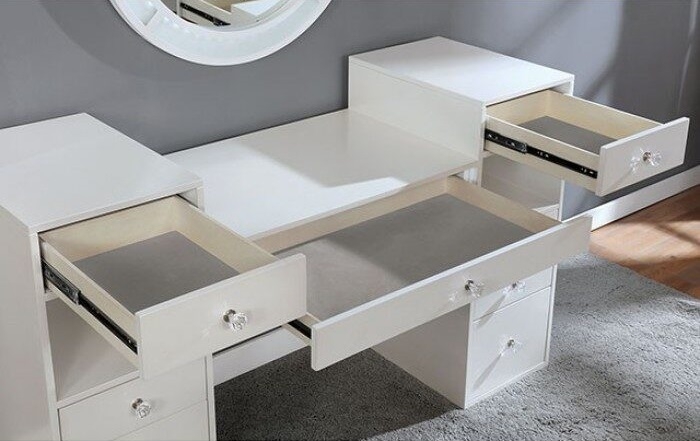 Yasmine Wood Storage Vanity Dresser w/9 Drawers, LED Mirror & Stool