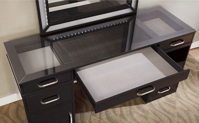 Vickie Wood/Glass Storage Vanity Dresser w/6 Drawers, LED Mirror & Stool