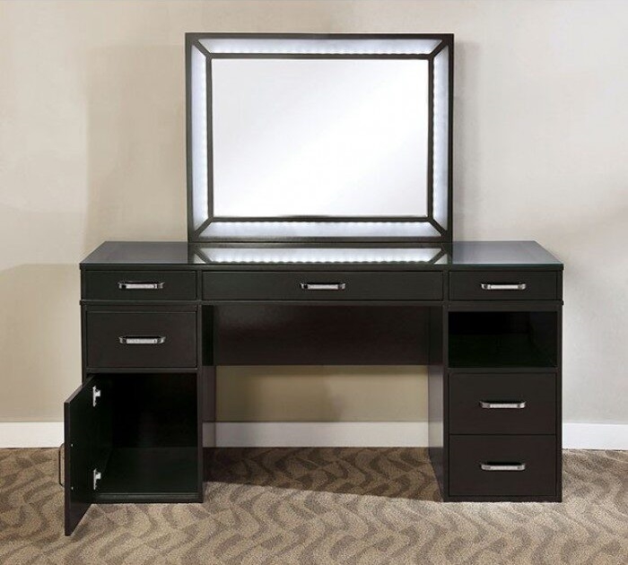 Vickie Wood/Glass Storage Vanity Dresser w/6 Drawers, LED Mirror & Stool