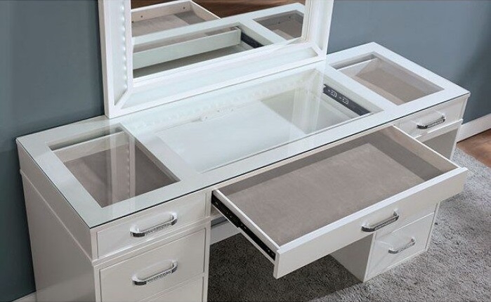 Vickie Wood/Glass Storage Vanity Dresser w/6 Drawers, LED Mirror & Stool