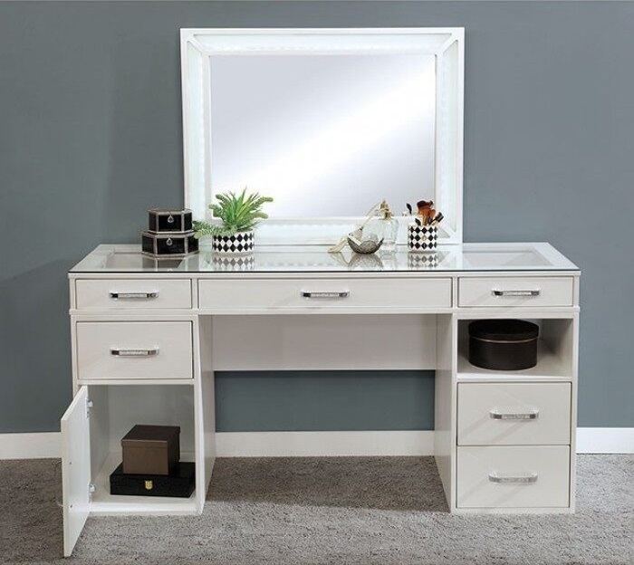 Vickie Wood/Glass Storage Vanity Dresser w/6 Drawers, LED Mirror & Stool