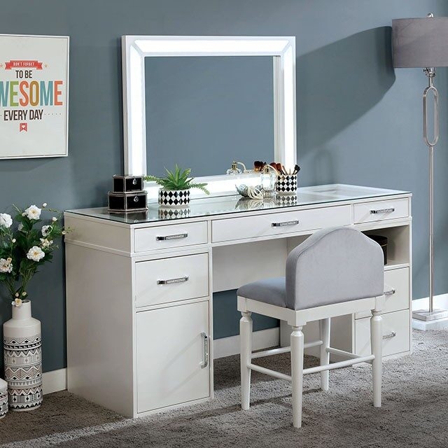 Vickie Wood/Glass Storage Vanity Dresser w/6 Drawers, LED Mirror & Stool