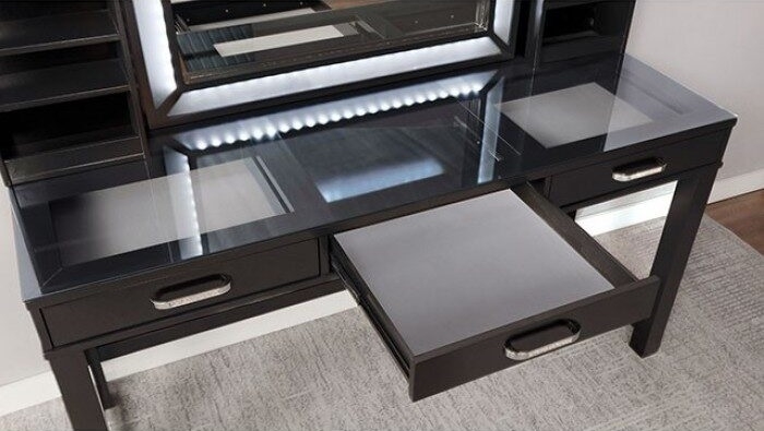Stephanie Glass/Wood Storage Vanity Dresser w/3 Drawers & Stool