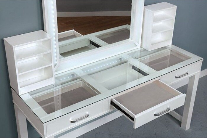 Stephanie Glass/Wood Storage Vanity Dresser w/3 Drawers & Stool
