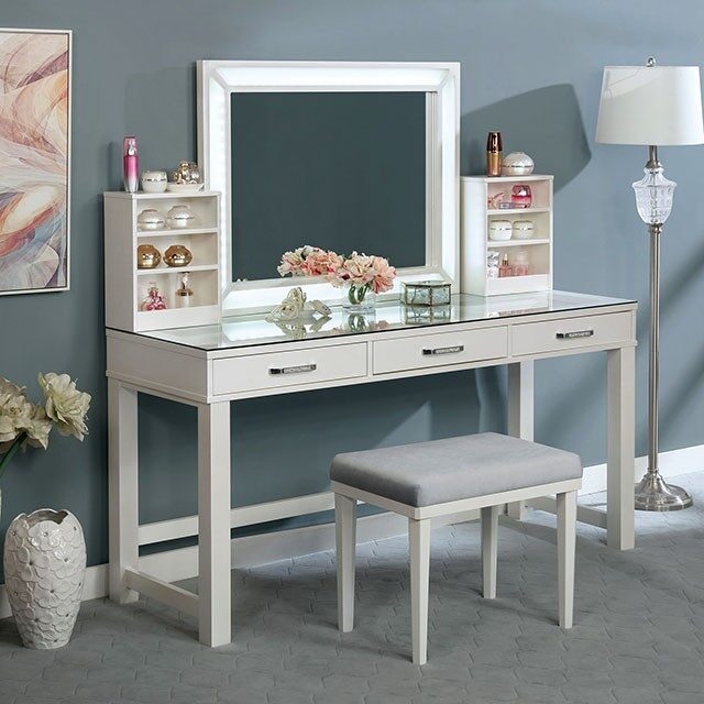 Stephanie Glass/Wood Storage Vanity Dresser w/3 Drawers & Stool