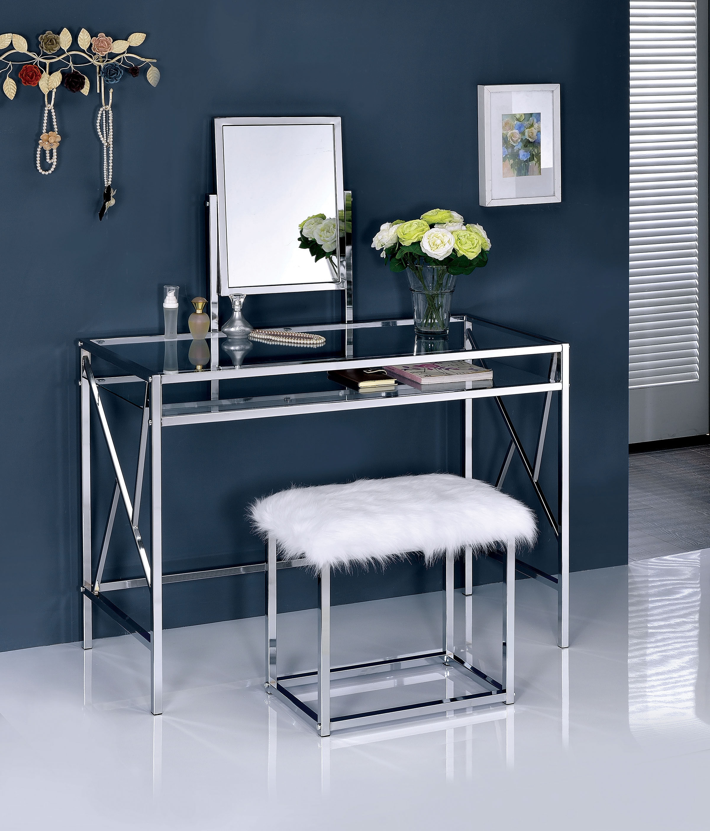 Furniture of America Lismore Glass/Metal Vanity Dresser, Chrome
