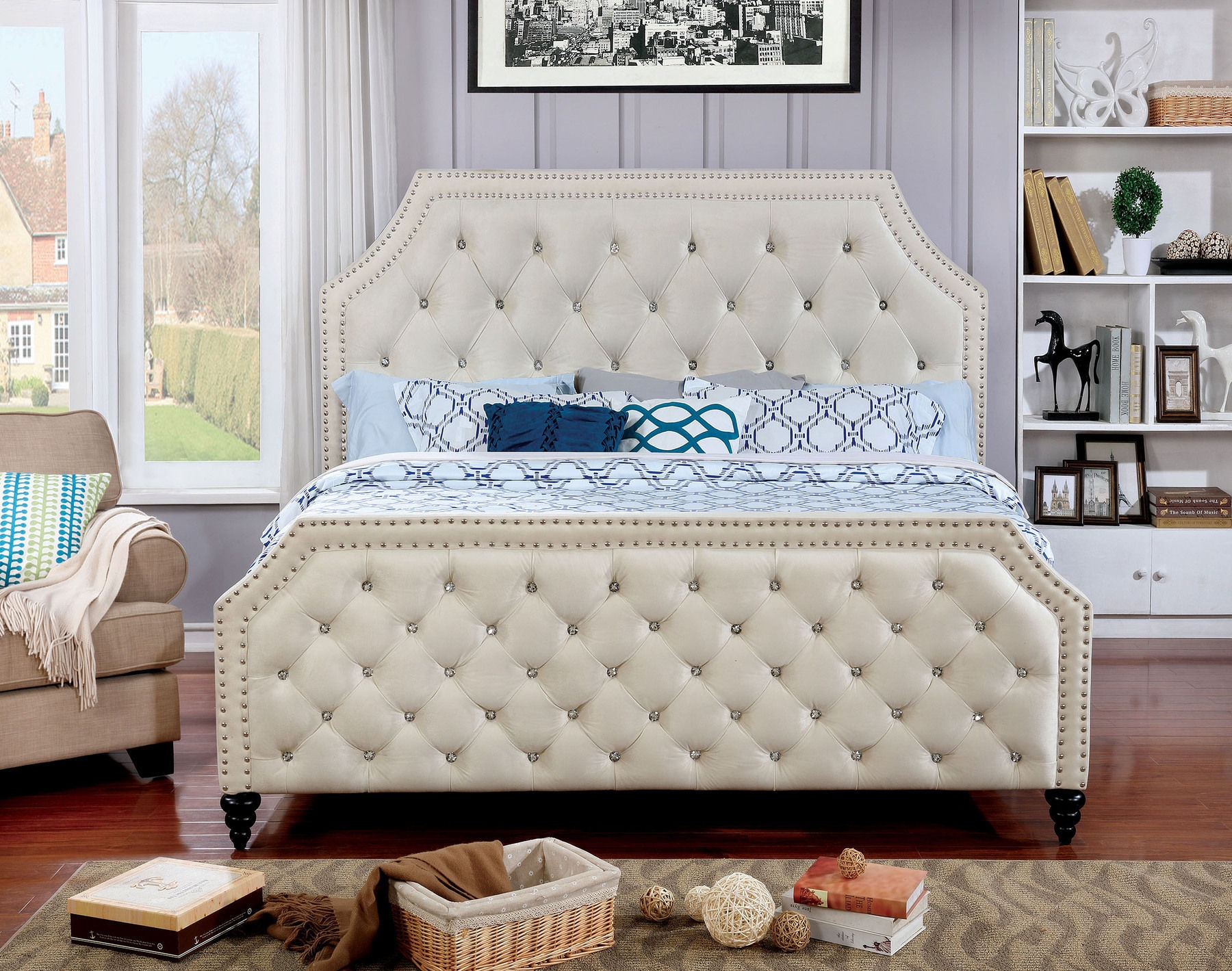 Claudine Fabric/Wood Tufted Panel Bed, Eastern King Size