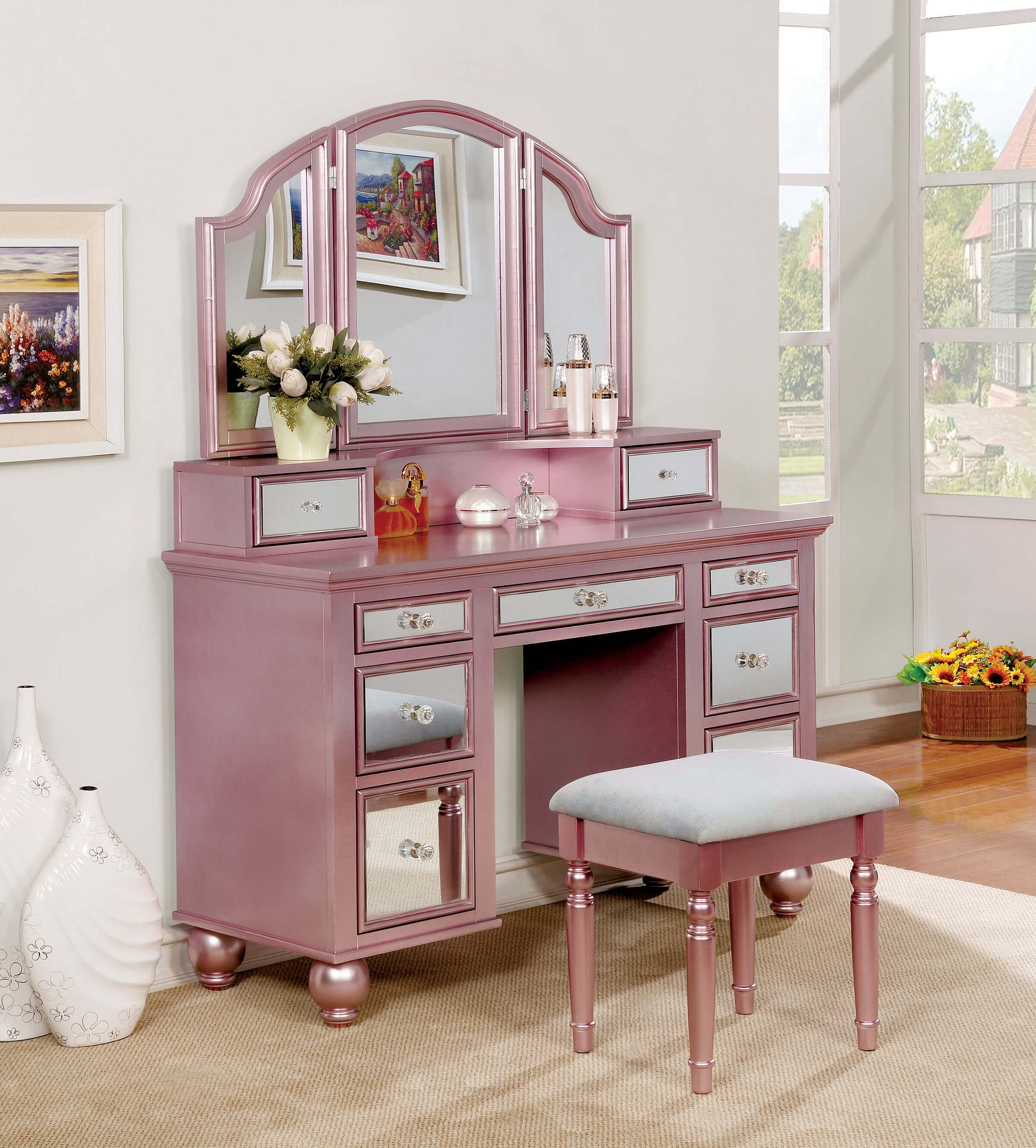 Tracy Wood/Mirror Storage Vanity Dresser w/9 Drawers & Stool
