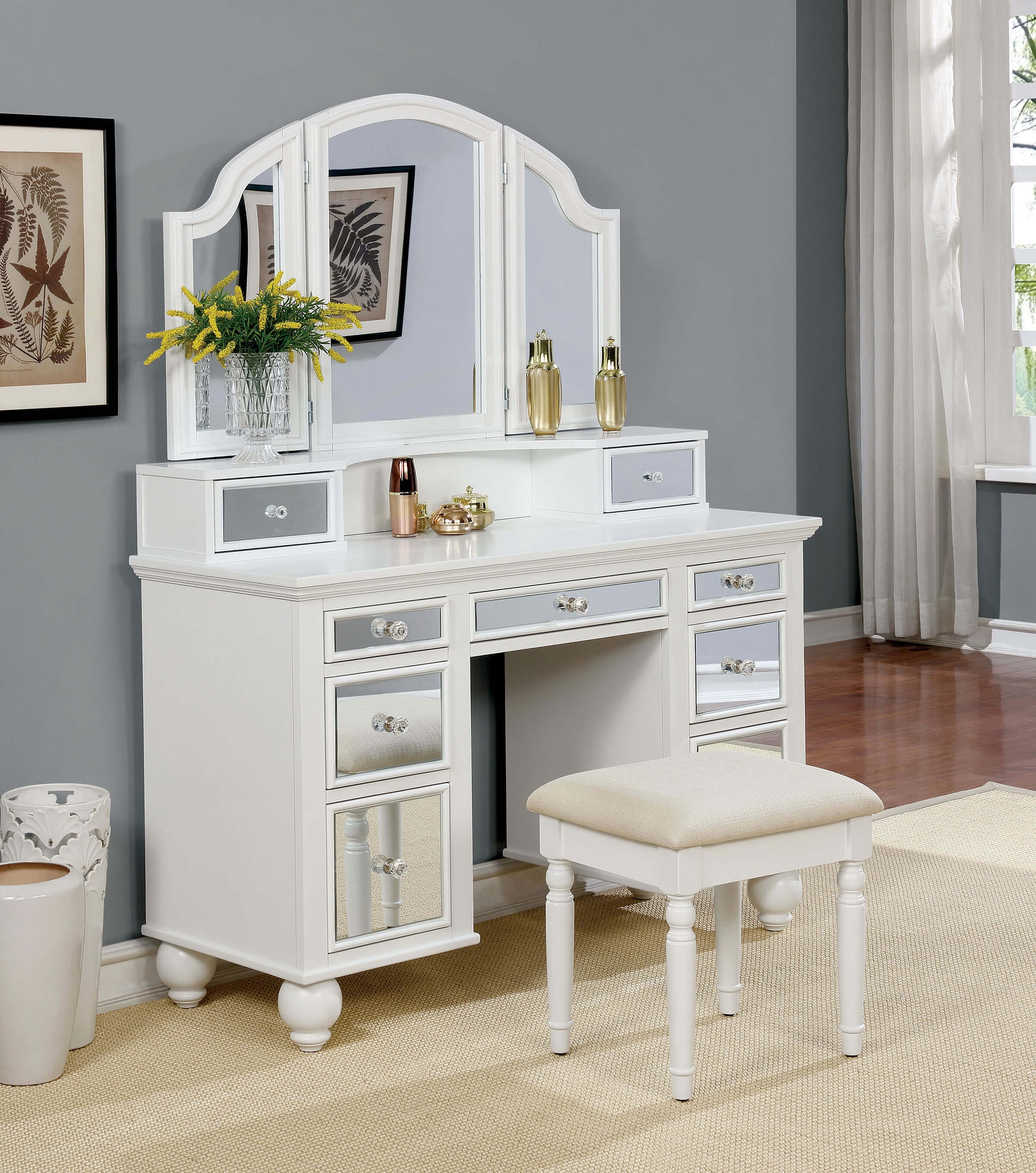 Tracy Wood/Mirror Storage Vanity Dresser w/9 Drawers & Stool