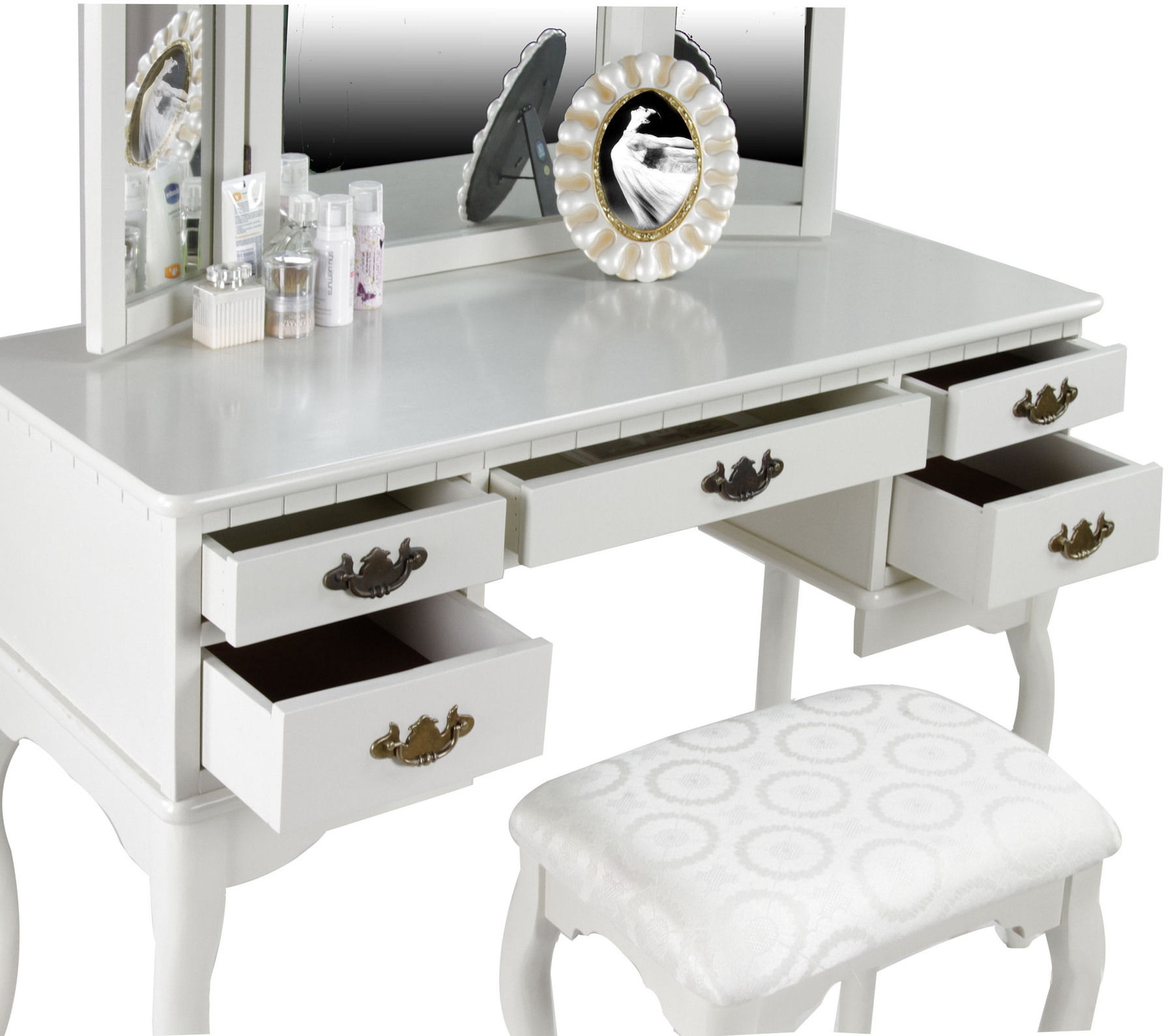 Ashland Wood Storage Vanity Dresser w/5 Drawers, Mirror & Stool