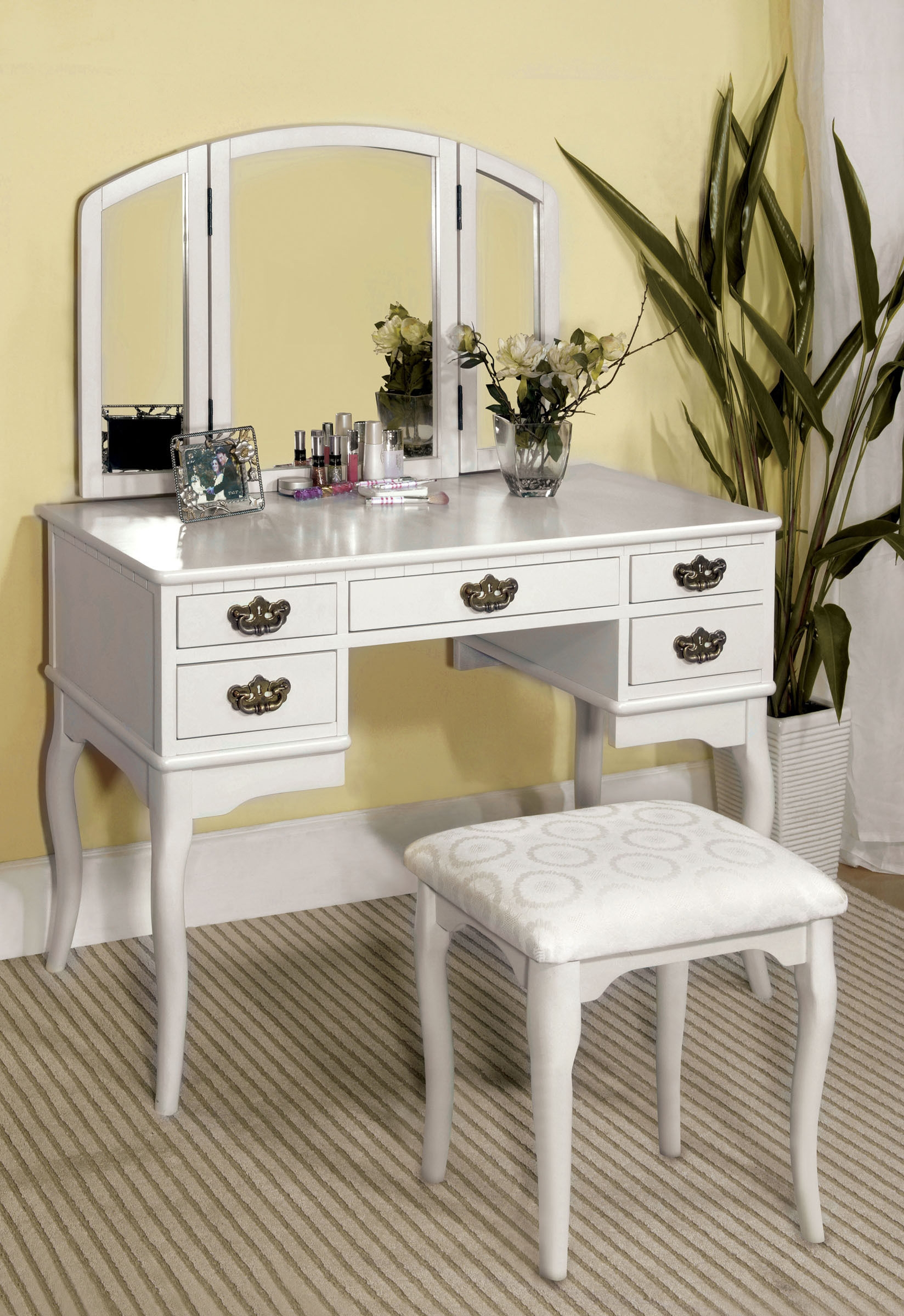 Ashland Wood Storage Vanity Dresser w/5 Drawers, Mirror & Stool