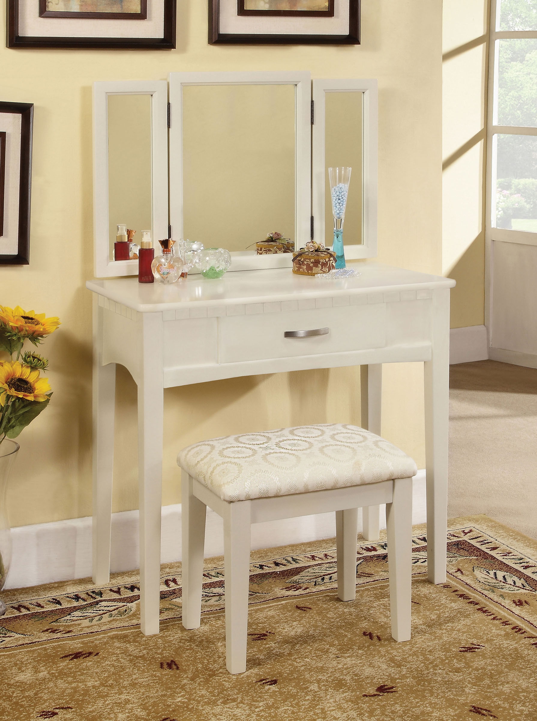 Porterville Wood Storage Vanity Dresser w/Drawer & Stool