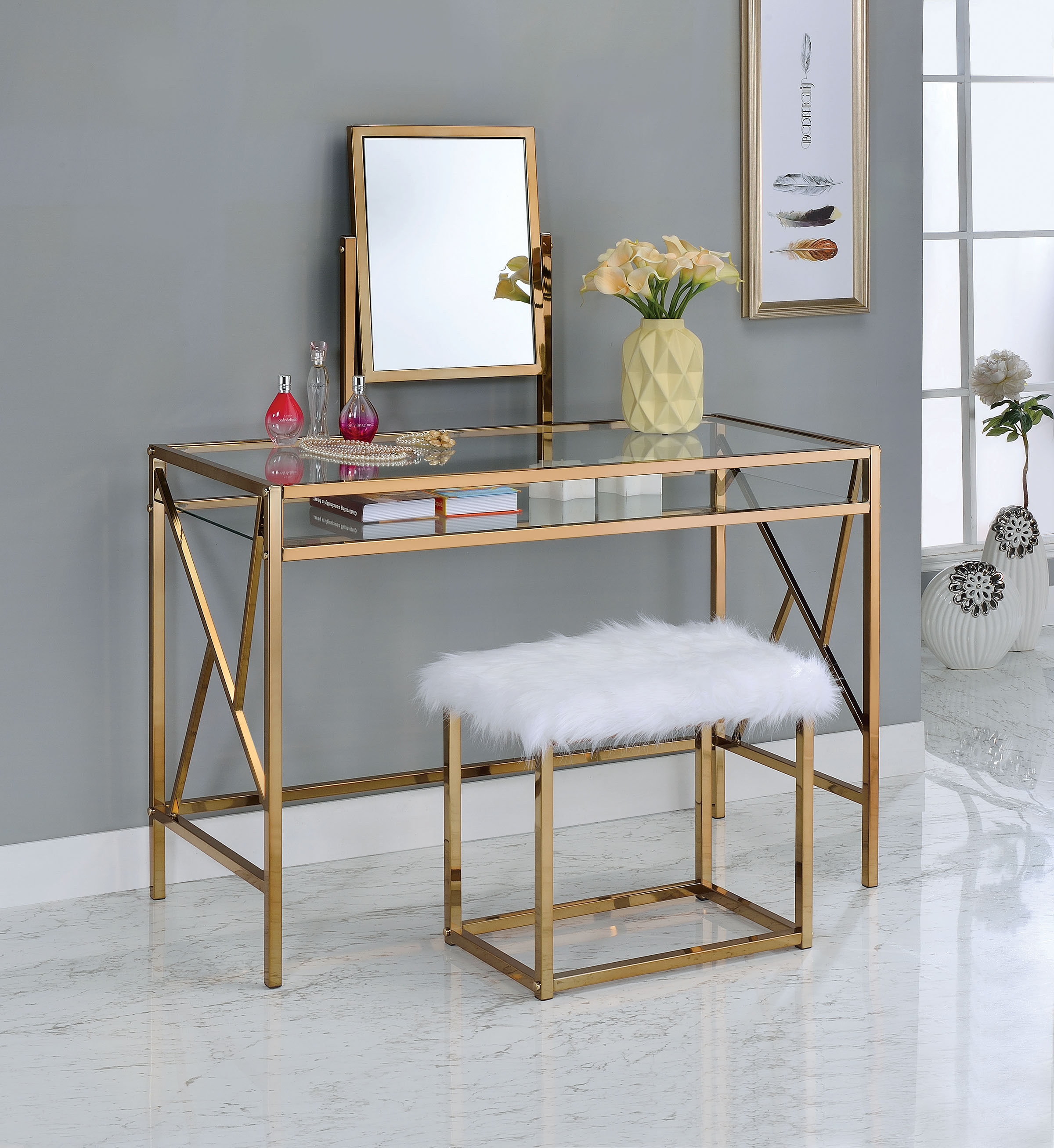 Lismore Glass/Metal Vanity Dresser w/Stool