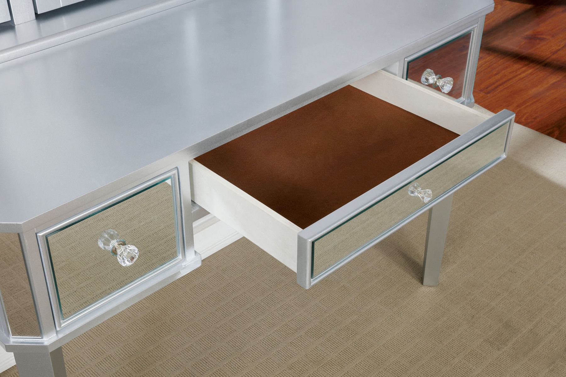 Clarisse Wood/Mirror Storage Vanity Dresser w/3 Drawers, Mirror & Stool
