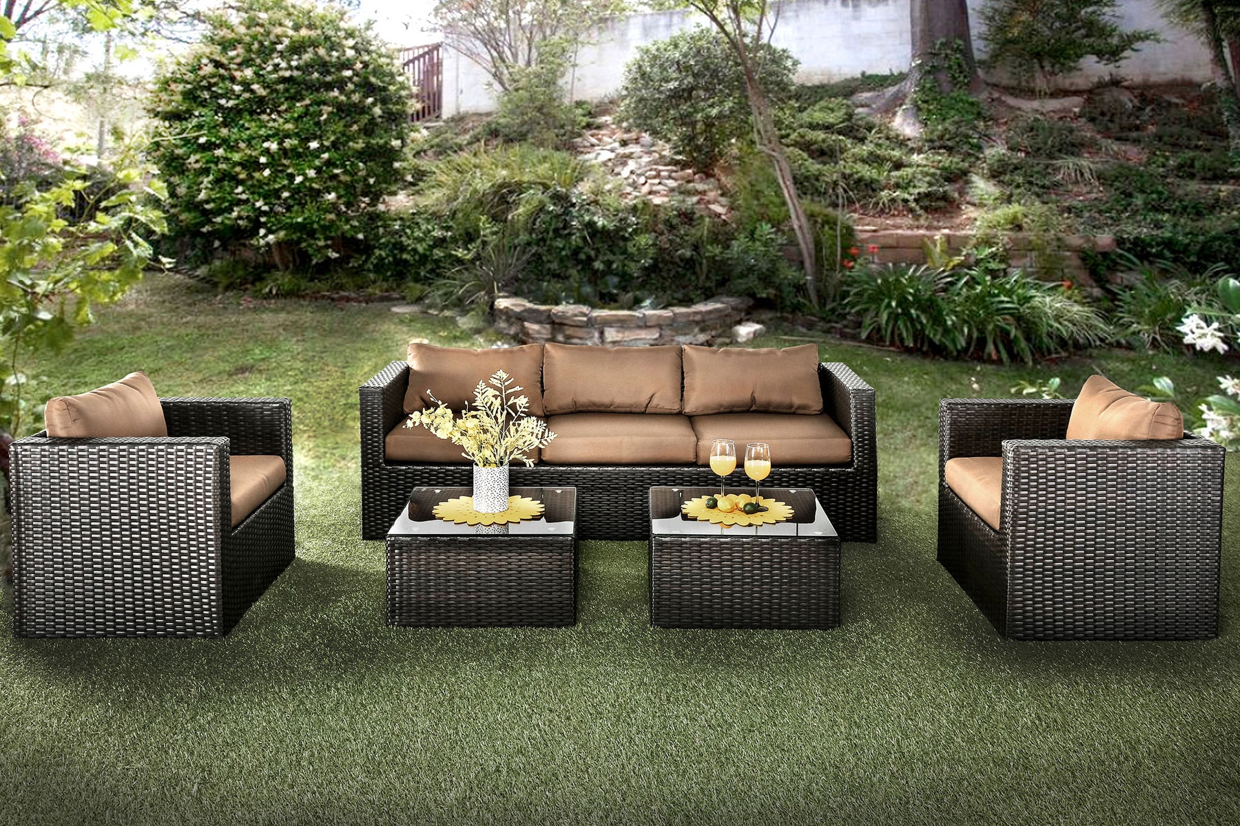 Olina 5-Piece Polyester/Faux Rattan Patio Sofa Set