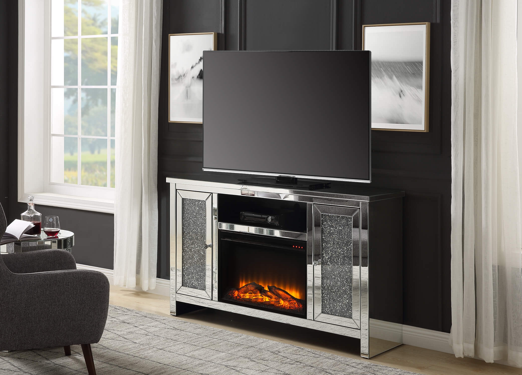SM Mirrored TV Console w/2 Doors, Height 36"