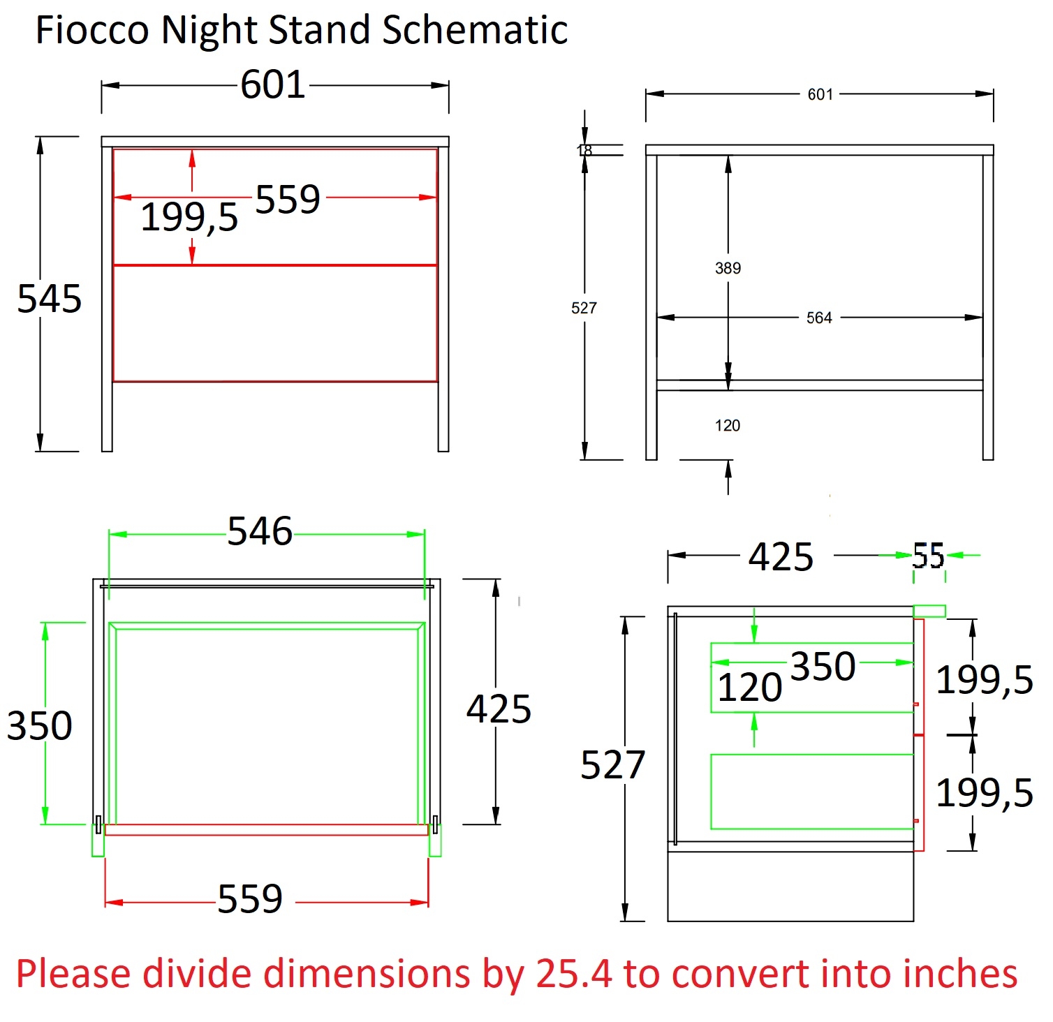 Fiocco Premium Wood Veneer 2-Drawer Nightstand