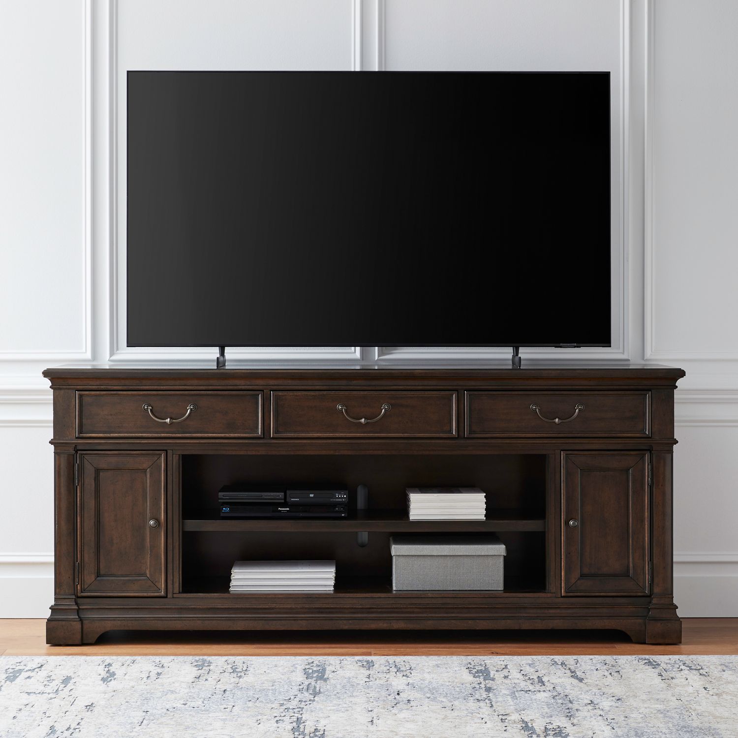 512 84-inch Wood 3-Drawer TV Console w/Firebox Insert & 2 Doors