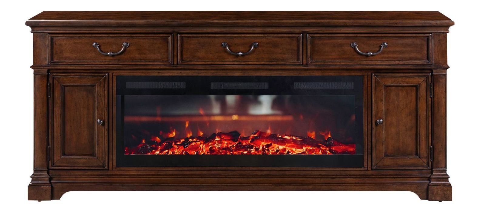 512 84-inch Wood 3-Drawer TV Console w/Firebox Insert & 2 Doors