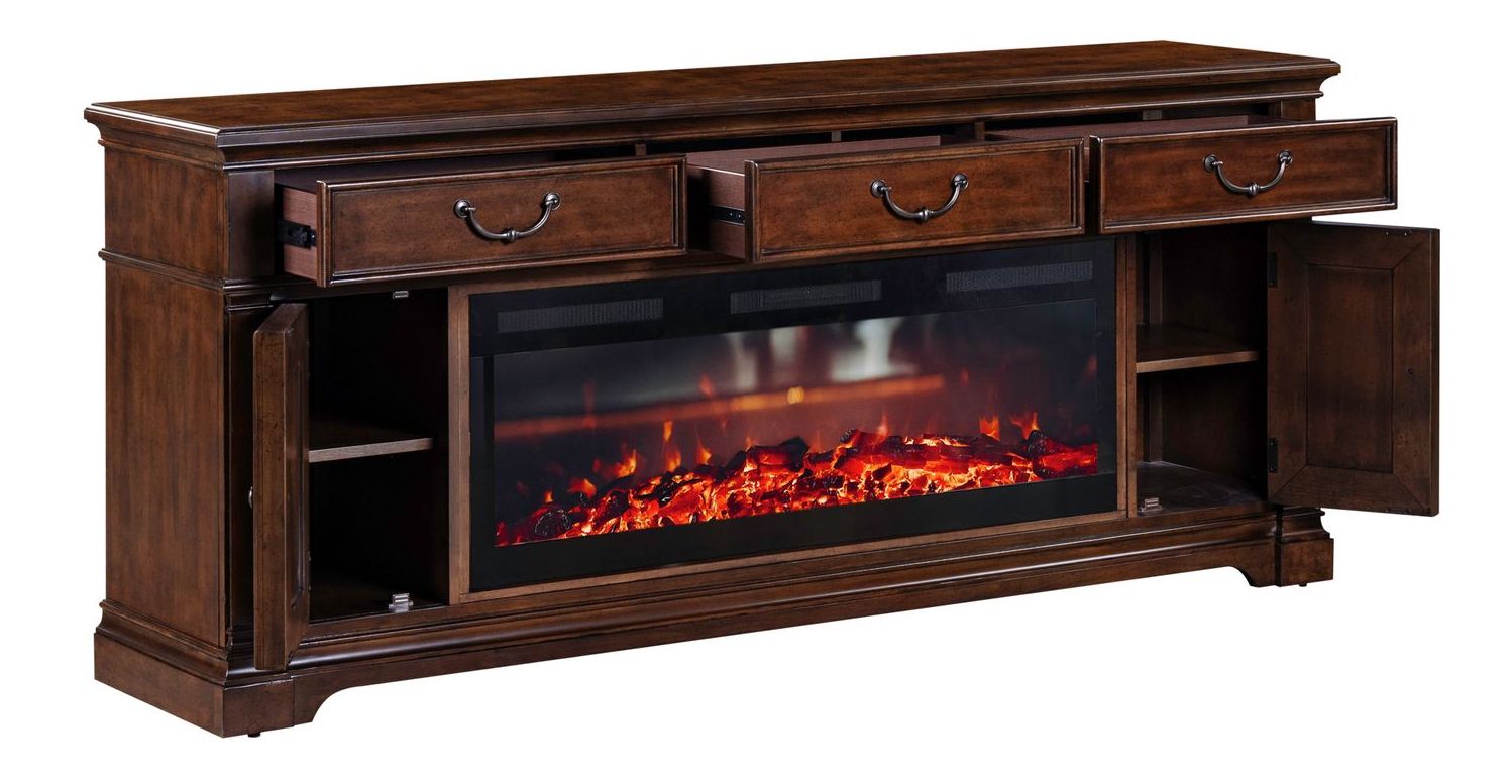 512 84-inch Wood 3-Drawer TV Console w/Firebox Insert & 2 Doors