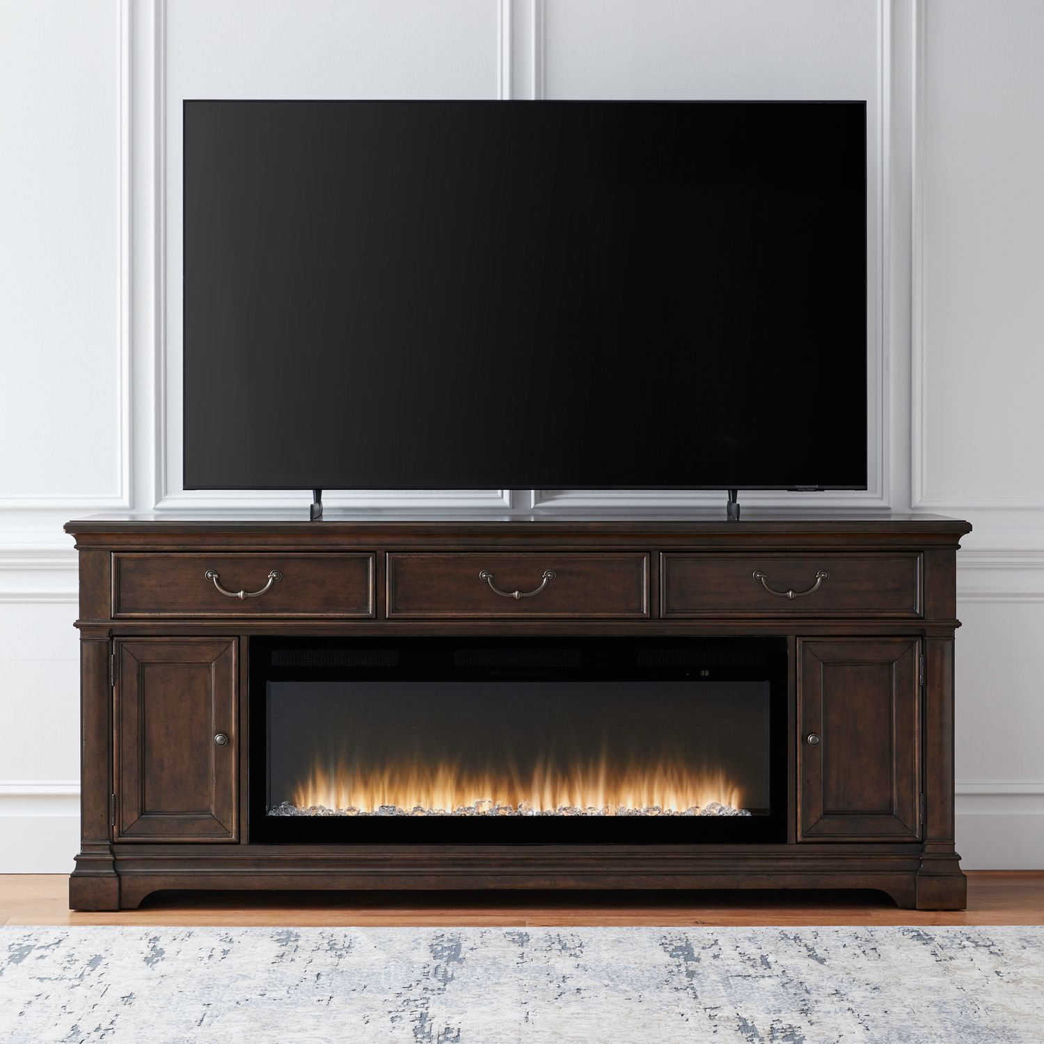 512 84-inch Wood 3-Drawer TV Console w/Firebox Insert & 2 Doors