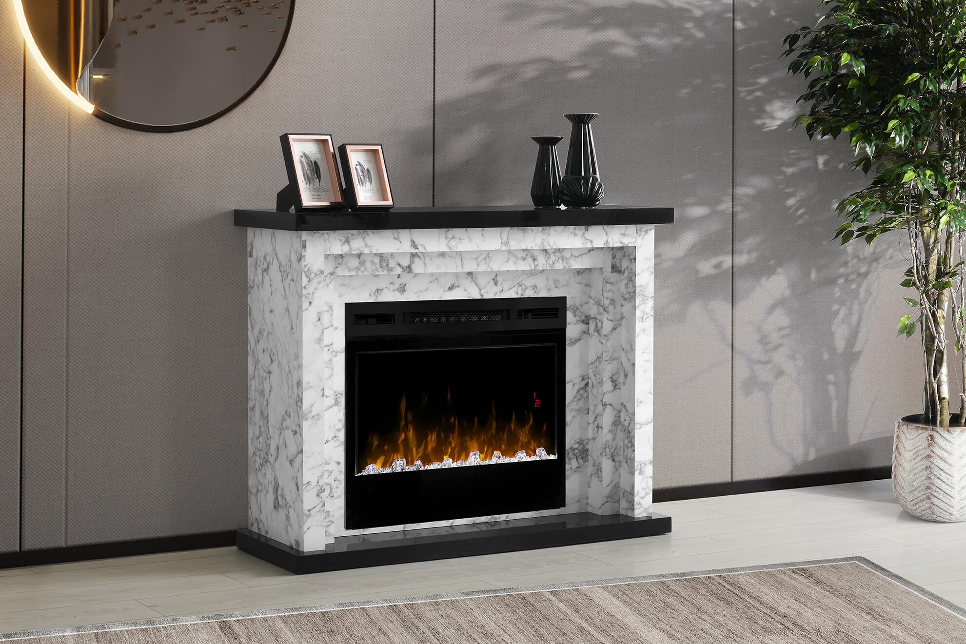 SM Carrara Fireplace Mantle w/Logs Insert