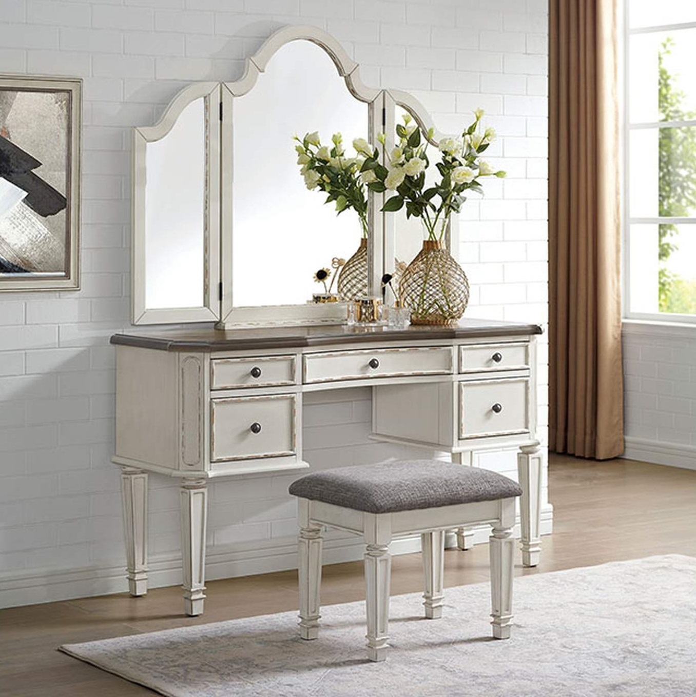 Drucilla Wood Storage Vanity Dresser w/5 Drawers, Mirror & Stool