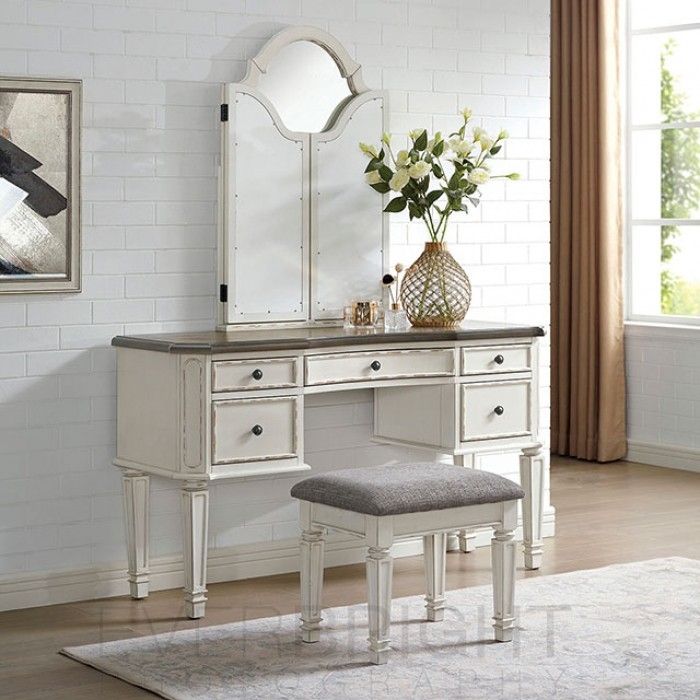 Drucilla Wood Storage Vanity Dresser w/5 Drawers, Mirror & Stool