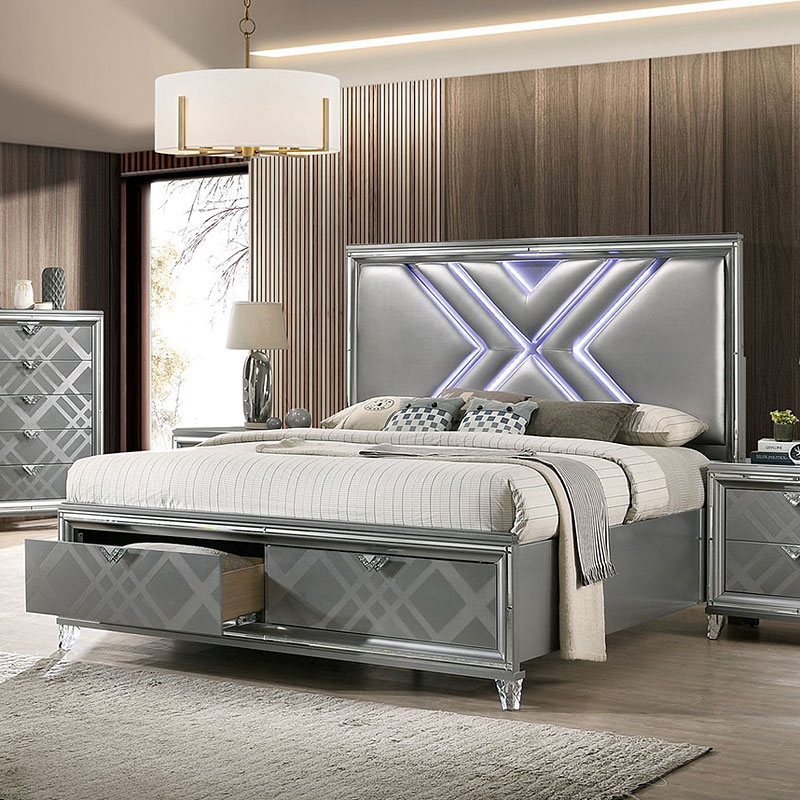 Emmeline Leatherette/Mirror/Wood Panel Storage Bedroom Set