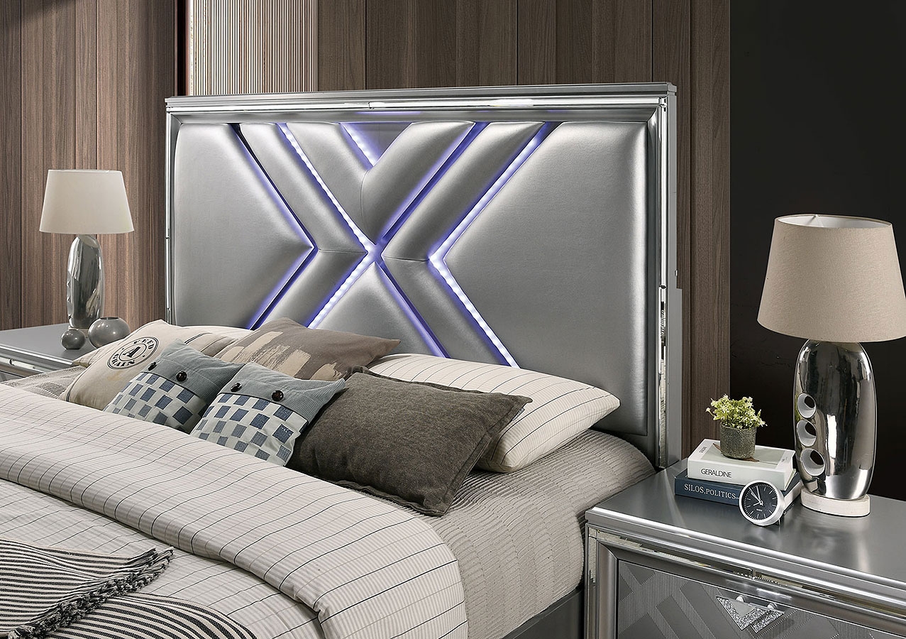 Emmeline Leatherette/Mirror/Wood Panel Storage Bed, Eastern King Size