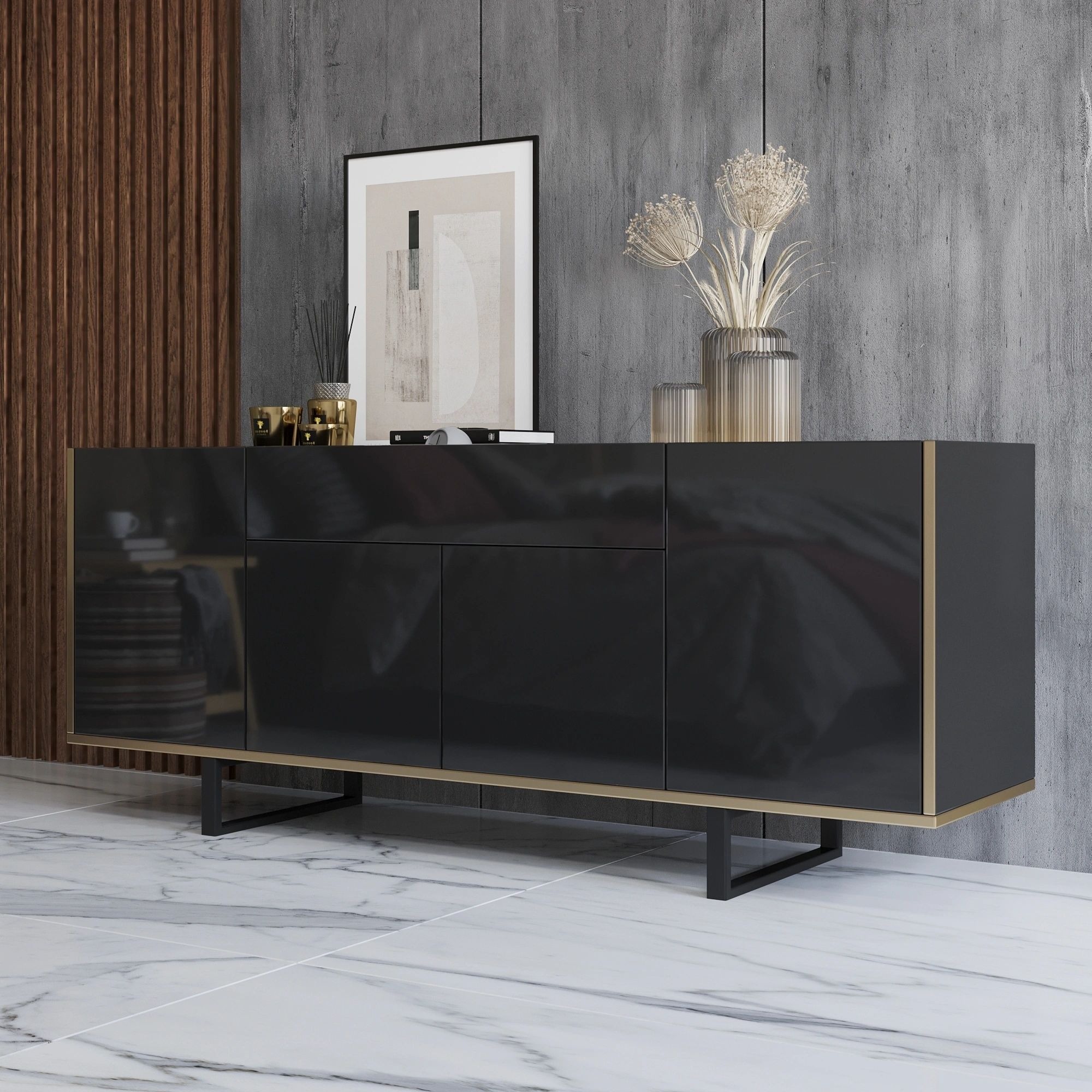 Gloss 9 Wood TV Stand with 4 Doors & Drawer