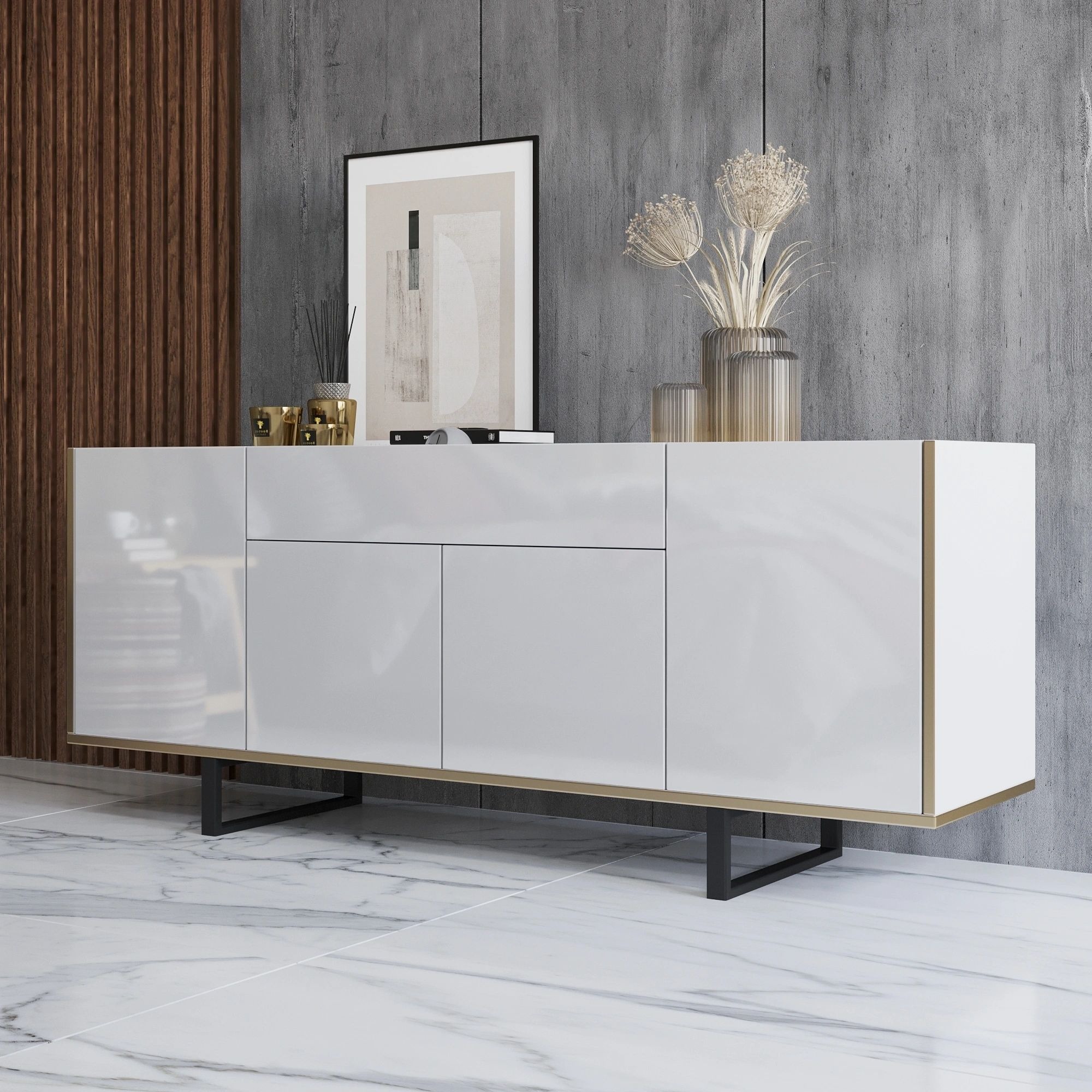 Gloss 9 Wood TV Stand with 4 Doors & Drawer