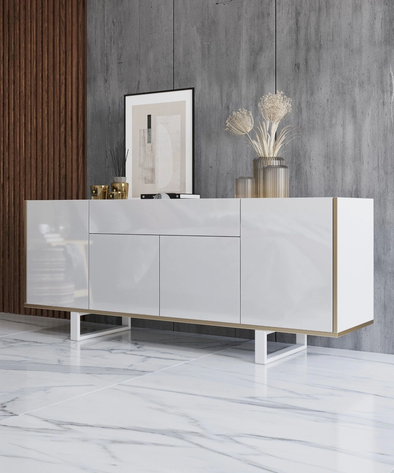 Gloss 9 Wood TV Stand with 4 Doors & Drawer