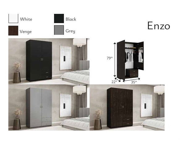 Enzo 2-Door Wood Wardrobe with 2 Drawers