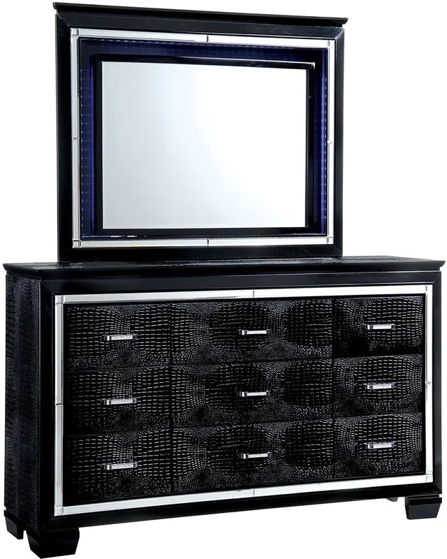 Bellanova Mirror/Leatherette/Wood Tufted Panel Bedroom Set w/LED Ligths