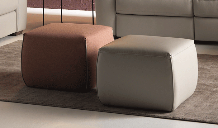 Gaia Fabric/Leather Ottoman with Leather Welt